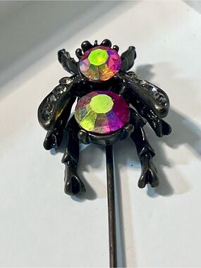 Iridescent Crystal Beetle Stick Pin Brooch - Black Metal, Pink & Green Stones